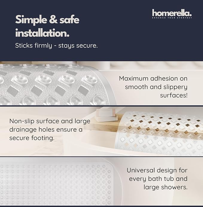 Bathtub Mat Non Slip 28x16 - homerella® Bath Mat Incl. Hooks for Drying, 100% BPA Free, Shower Mat Non Slip Anti Mold, Machine Washable, Shower Mats for Inside Shower Mildew Resistant (Clear)