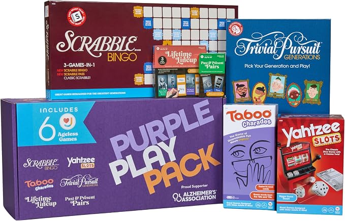 Ageless Games Purple Play Pack – Limited Edition Board Game Bundle for Seniors & Family - Alzheimer's Association Charity Games for Memory Care & Multigenerational Fun
