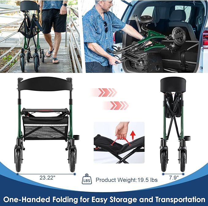 Walkers for Seniors, Rollator Walker with Seat, 10" Rubber Wheels All Terrain Rollator Walker with Backrest, Aluminum Walkers Built-in Cable, Foldable and Adjustable Height for Seniors, Green