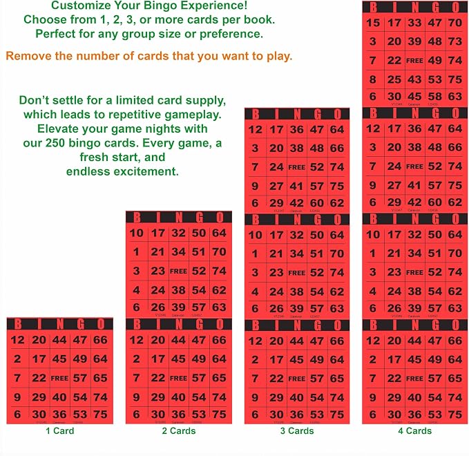 250 Bingo Cards, Large 4.5 x 4.5 Inch, Red, Paper Bingo Sheets | 8 Color Options, Premium Cardstock, Disposable with Daubers or Reusable with Chips — Proudly Made in USA
