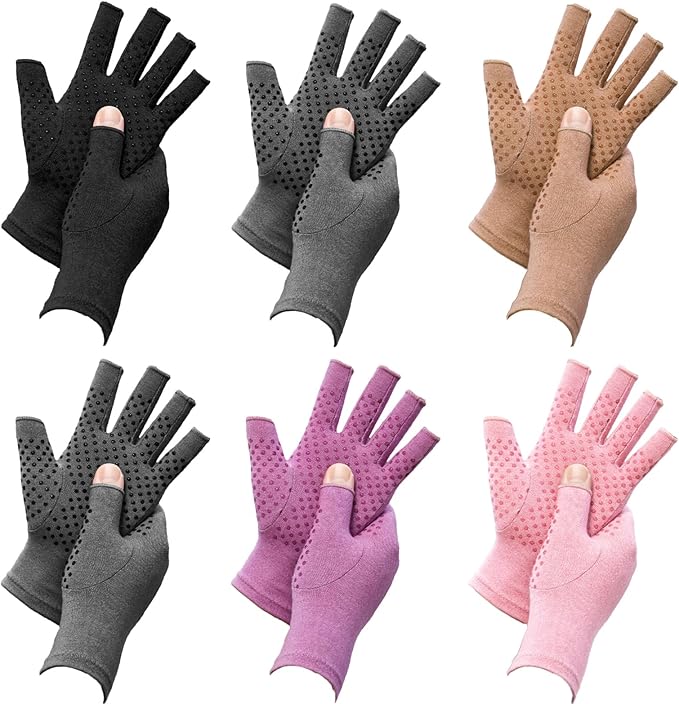 6 Pairs Arthritis Compression Gloves for Women Men Fingerless Hand Compression Gloves for Typing, Driving and Work