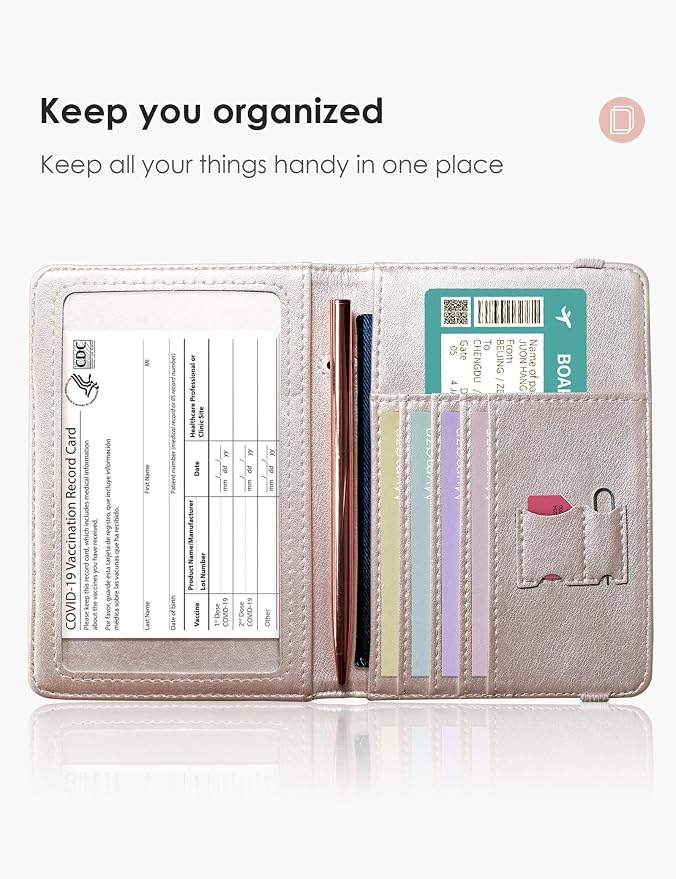 Mymazn Passport and Vaccine Card Holder Combo Passport Holder Wallet With Vaccination Card Holder Passport Case with RFID Blocking Clear Pocket For Vaccine Card Holder (Champagne Pink)