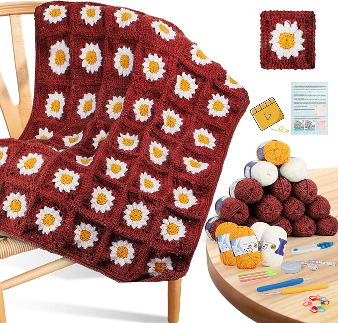 Coopay Crochet Kit for Beginners, Granny Square Crochet Blanket Kit, Red | Crochet Kit W/Video Tutorial & Digital Instructions, All Accessories Included, Easy Knitting to Create Granny Square Blanket