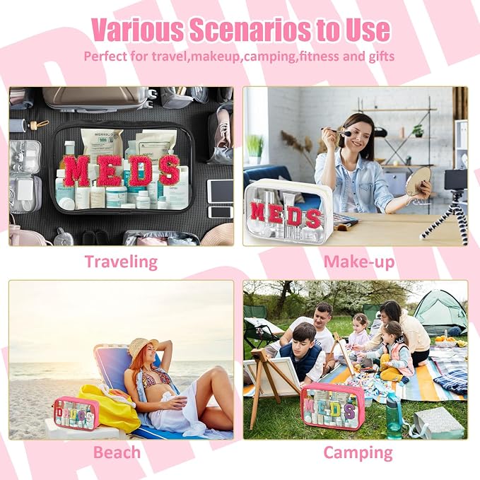 BuyCard 2 Pcs Medicine Chenille Letter Bag Preppy Clear Makeup Meds Pouch for Travel Nylon & PVC Transparent Cosmetic Bag Preppy Patch Toiletry Storage for Women Girls Black