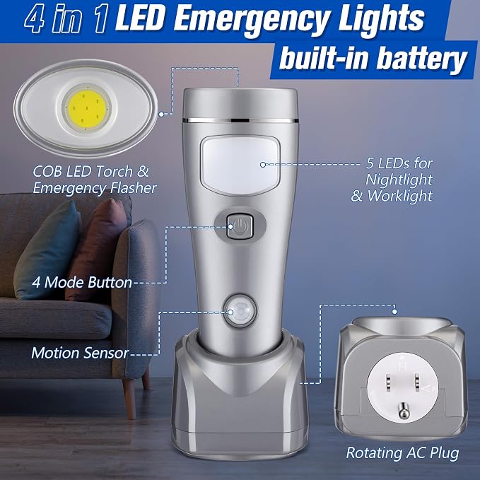 Enhon 2 Pack 4 in 1 LED Emergency Lights for Home Power Failure, Rechargeable Plug in Flashlight Motion Sensor Night Light, Automatic Turn On Power Outage Light for Home Hurricane Supplies (Silver)