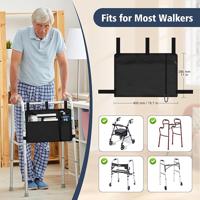 supregear Accessories Bag for Walker, Wheelchair, Rollator - Walker Basket Bag w/Cup Holder - Seniors Caddy Attachment Pouch for Walkers, Water Resistant Large Capacity Carry Storage Carrier Tote