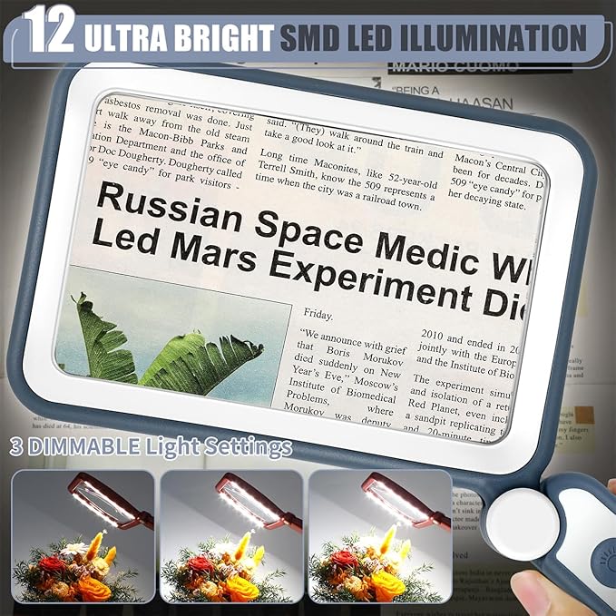 Magnifying Glass for Reading, Rechargeable 5X Large Page Magnifier with Light, Folding Handheld Dimmable Rectangle Lighted Magnifier for Reading Book Small Print for Seniors Low Vision, Blue White