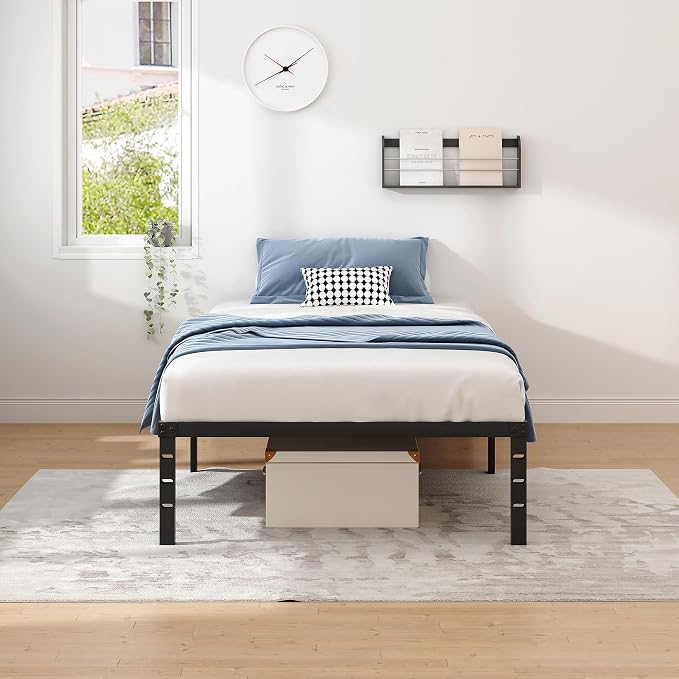 NEW JETO Metal Bed Frame,Twin Size Bed Frame with Storage Space,14 Inch | Heavy Duty Sturdy Mattress Foundation,Easy Assembly,No Box Spring Needed, Black