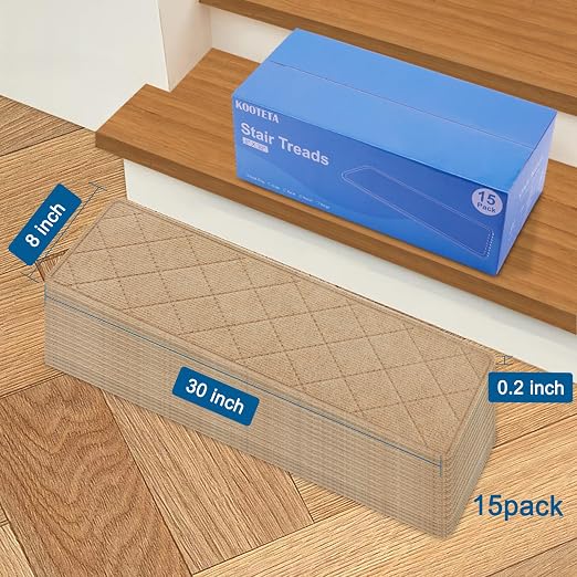 Stair Treads for Wooden Steps Indoor, 15 Pack 8" X 30" Washable Non Slip Carpet Stair Treads Peel and Stick, Reusable Pet Friendly Polyester Stair Runner Rugs for Kids Elders and Dogs, Beige