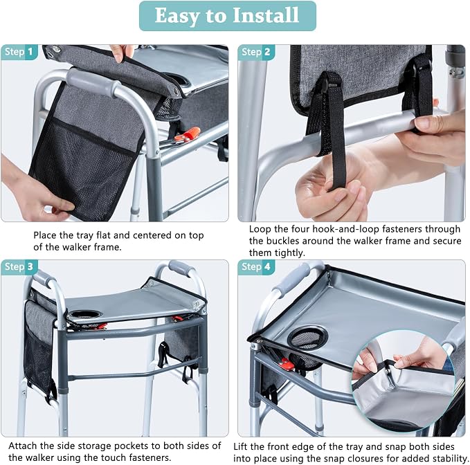 BAGSFY Walker Tray with Cup Holder & Side Pocket – Hard Top Walker Table for Seniors – Folding Walker Accessory for Meals, Reading, Drinks – Non-Slip Surface, Tool-Free Install, Universal Fit