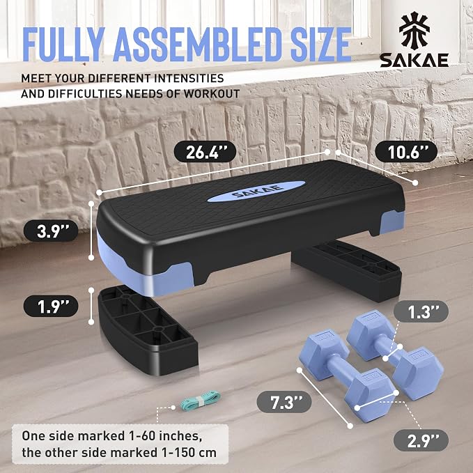 Aerobic Stepper Set with Dumbbells & Measuring Tape, Adjustable Height 2 Level Risers Workout Exercise Step Platform, 4 Colors, the Ultimate Gift for a Joyful Holiday and Merry Christmas