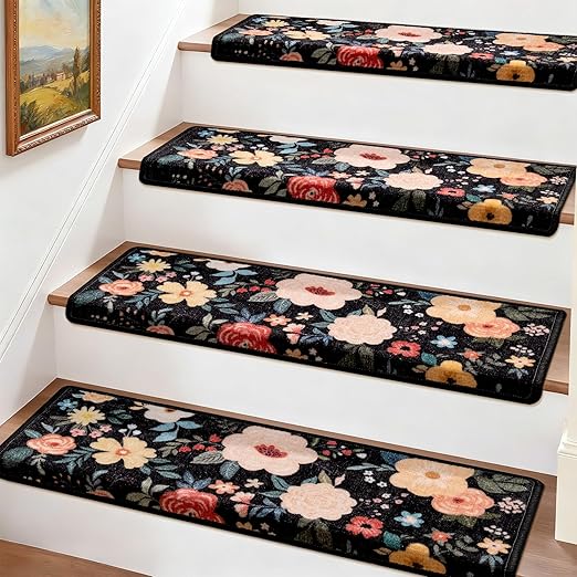 RORA Bullnose Stair Treads for Wooden Steps, Non Slip Stair Carpet 14pcs | Washable, Self-Adhesive, Floral Stair Rug Runner with Edge Protection for Indoor, Pets & Elder, 29.5 x 9.5x 1.7, Black