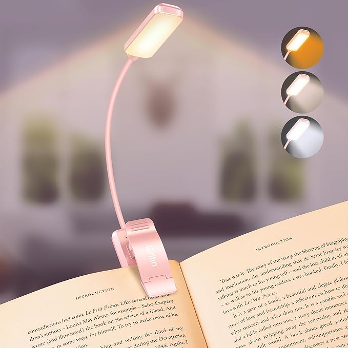 Gritin 9 LED Rechargeable Book Light for Reading in Bed - Eye Caring 3 Color Temperatures,Stepless Dimming Brightness,80 Hrs Runtime Small Lightweight Clip On Book Reading Light for Studying-Pink