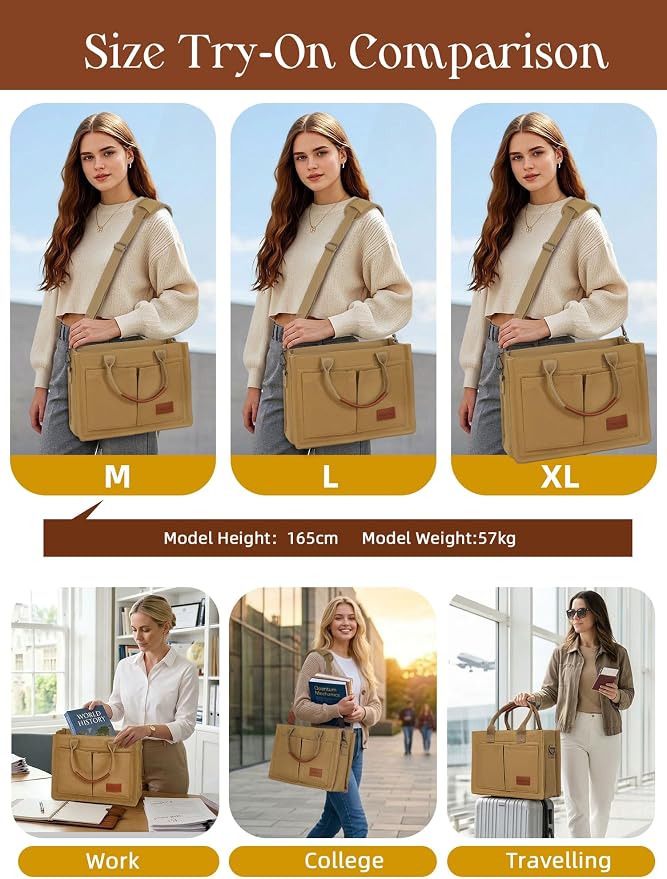 FIORETTO Canvas Tote Bag for Women with Zipper Closure & Individual Compartments for Work College for Teacher & Nurse