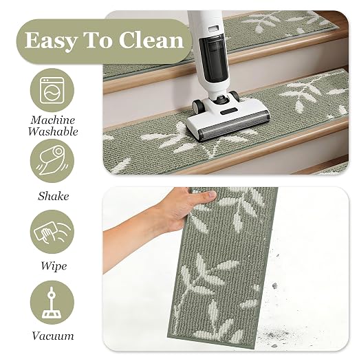 Carpet Stair Treads, Non-Slip Stair Treads for Wooden Steps Indoor | Stair Runner for Pets, Non Skid Staircase Step Treads Washable Reusable, Stair Protectors 30" x8" Set of 7, Green