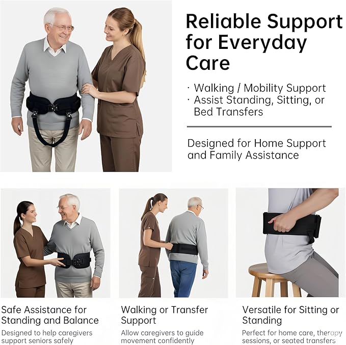 Upgraded Gait Belt with Metal Buckle, Transfer Belt with Handles and Leg Straps, Lift Belt for Seniors, Walking Support, Mobility and Elderly Assistance (Black, Medium)