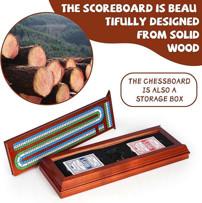 Wooden Cribbage Board Game Set with Cards and Metal Pegs, 3 Track Cribbage Board with Storage Drawer, Portable Travel Cribbage Set for Adults, Families, Seniors, Camping & Game Night