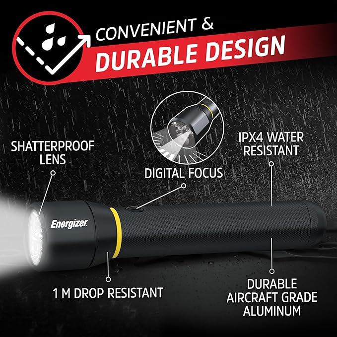 Energizer LED Flashlight Vision PRO, Ultra Bright 1000+ Lumens, IPX4 Water Resistant, Aircraft-Grade Aluminum LED Light, Rugged Metal Flash Light for Outdoors, Emergency Power Outage, Black