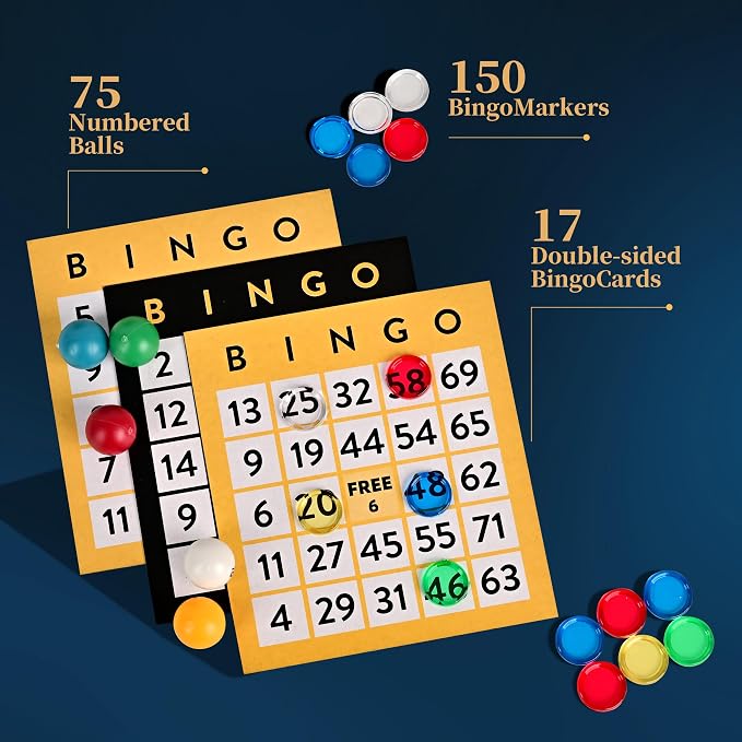 Doublefan Bingo Deluxe Game Set for Adults and Kids - Includes 8 Inch Wheel Cage, 75 Balls, Master Board, 50 Cards and Colorful Chips - Fun Family Game Night