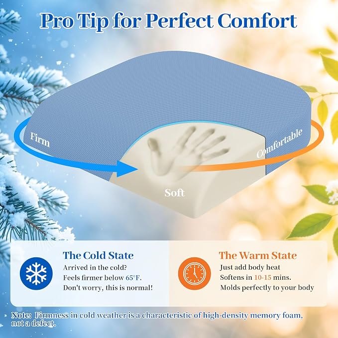 TranquilRelax Memory Foam Seat Cushion for Office Chair, 3-Inch, Light Blue | Medium-firm Support for Long Sitting, Washable Mesh Cover, Non-slip Base, Perfect for Car Seats & Short Drivers