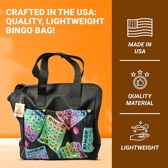 LUCKY LADY DAUBER CO. Neon Bingo Bags with Pockets, 6 Pocket Bingo Daubers Bag with Inside Liner and Sweet on Bingo Lucky Charm - Card and Dauber Bingo Bags for Women, Black Bingo Dauber Bag