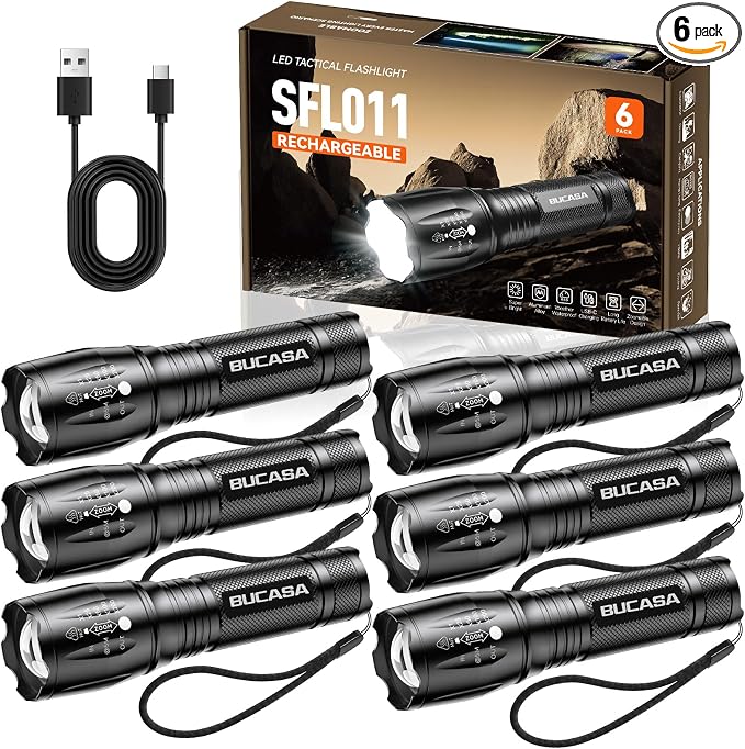 BUCASA Rechargeable Flashlights High Lumens 6 Pack, Brighter Small Flashlight Powerful Tactical Flashlights Rechargeable, Waterproof LED Flashlight with 3 Zoomable Modes for Camping Emergency
