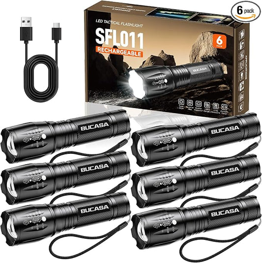 BUCASA Rechargeable Flashlights High Lumens 6 Pack, Brighter Small Flashlight Powerful Tactical Flashlights Rechargeable, Waterproof LED Flashlight with 3 Zoomable Modes for Camping Emergency