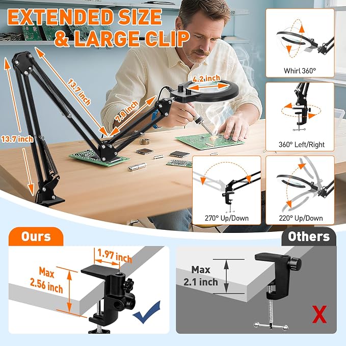 KIRKAS 12X Magnifying Glass with Light and Stand, Extra-Long Arm Knob | Magnifying Lamp for Workbench Craft, Sewing, LED Lighted Magnifier Real Glass Lens Stepless Dimming and Color (35in Clamp)