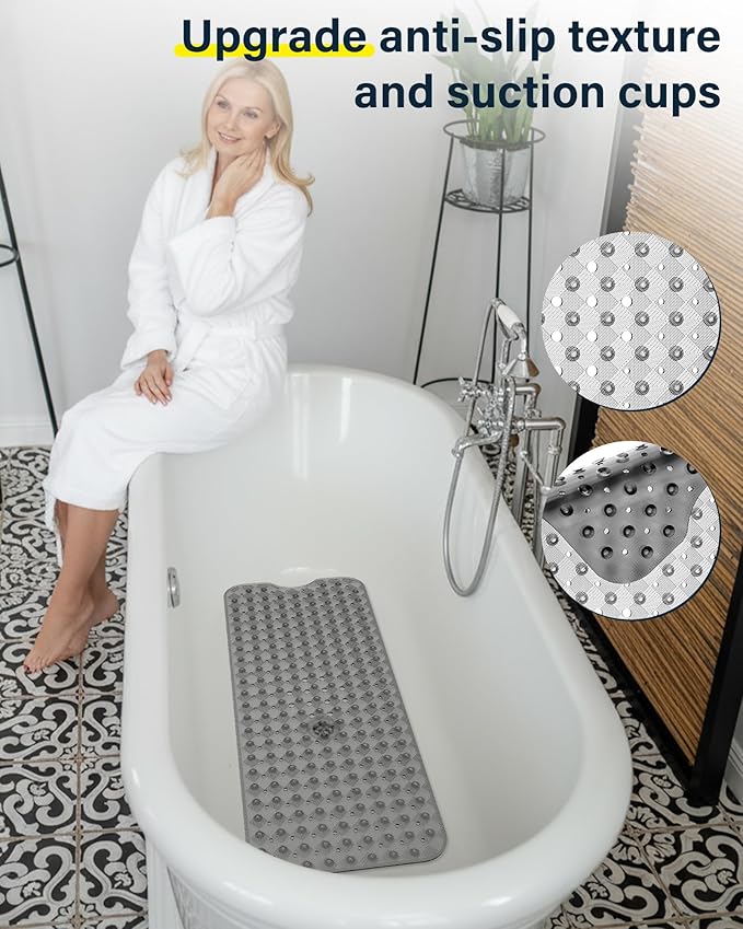 Non Slip Bathtub Mat for Tub & Shower, Machine Washable 40"x16" Anti Slip Bath Mat with 2 Hooks, Soft & Comfortable and Extra Large for Families, Clear Grey