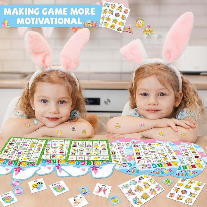Lonfliness 39Pcs Easter Bingo Game for Adults Kids 24 Players Easter Bunny Egg Shape Bingo Game Cards with Reward Stickers for Family Friends Large Group Activities Happy Easter Spring Party Favors