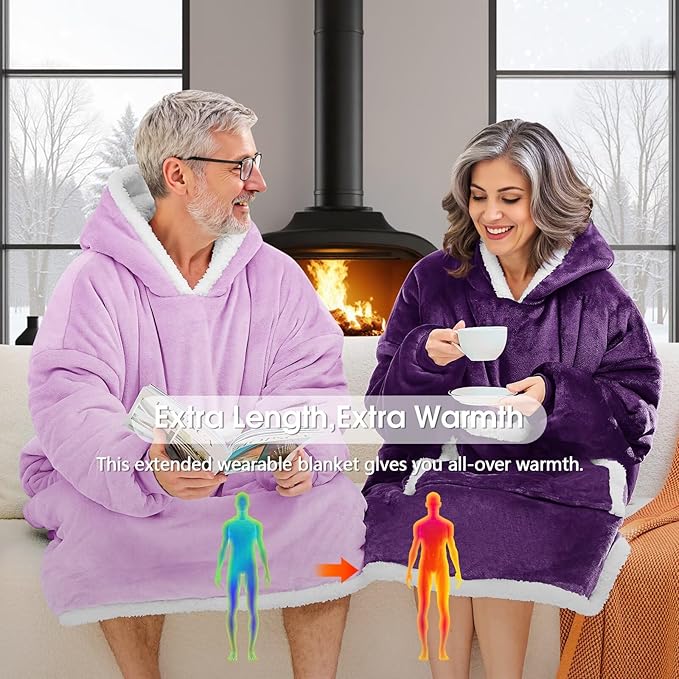 JOYWOO Purple Wearable Blanket Hoodie,Oversized Cat Lovers Sweatshirt Blanket for Adult,Birthday Gifts for Women,Mom,Grandma,Cozy Sherpa Hooded Blanket Giant Pocket Winter Gifts,Dark Purple Standard