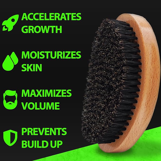 GROW Beard Brush & 360 Wave Brush for Men - Natural Boar Bristle For Fuller, Thicker Hair, Beard & Mustache - Premium Full-Size to Exfoliate, Strengthen Hair, Stimulate & Boost Growth (Pack of 2)