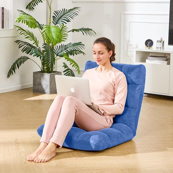 Folding Floor Gaming Chair 14-Poistion Cushioned Adjustable Floor Lazy Sofa Chair w/Breathable Cotton & Skin-Friendly Velvet for Adults & Kids Perfect for Reading Gaming Meditating, Babyblue