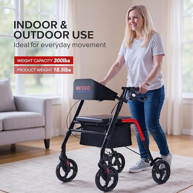 Metro Mobility Rollator Walker with Seat for Seniors, Foldable Lightweight Rolling Walker, 8" Big Wheels for All Terrain, 300 lb. Weight Capacity, Red