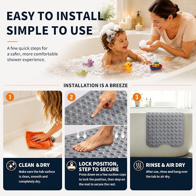 Yimobra 2-Pack Non Slip Bathtub Mat 40 x 16 Inch, Extra Long Shower Mat with Drain Holes, Machine Washable Baby Bath Mats, Strong Suction Cups for Bathroom Floor, Grey