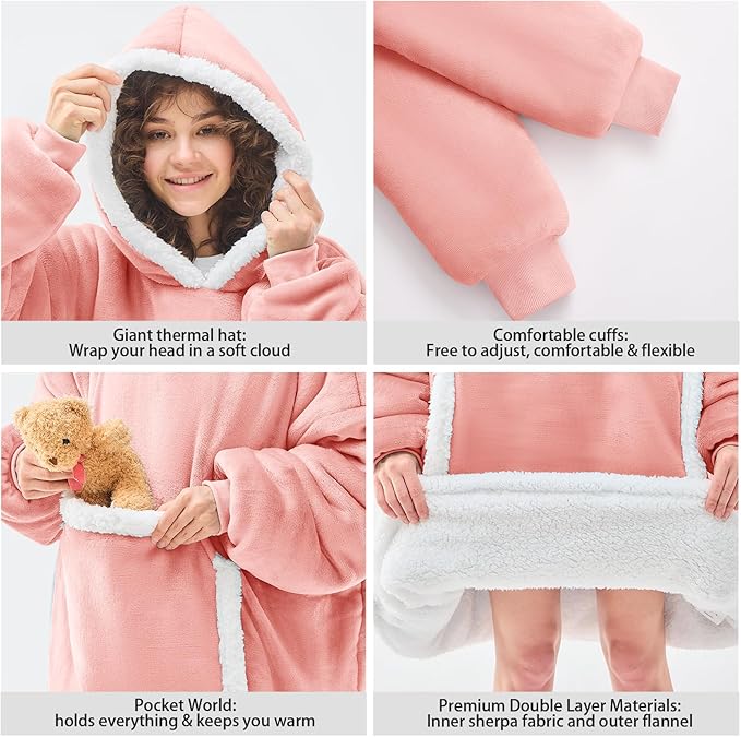 JOYWOO Pink Wearable Blanket Hoodie, Oversized Cat Lovers Sweatshirt Blanket for Adult & Teens, Birthday Gifts for Women Men Mom Girl Boys,Cozy Sherpa Blanket Giant Pocket Gifts,Mellow Rose Small