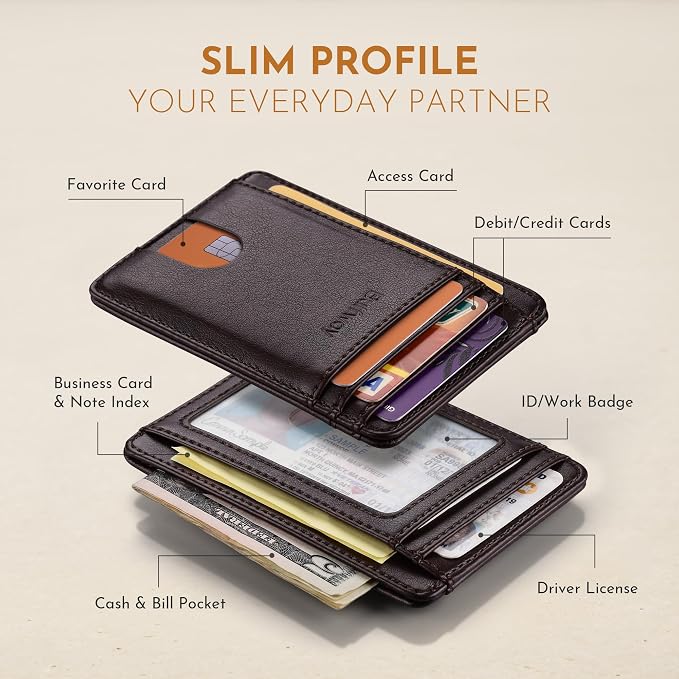 Buffway Slim Minimalist Front Pocket RFID Blocking Leather Wallets for Men and Women - Pebble Brown