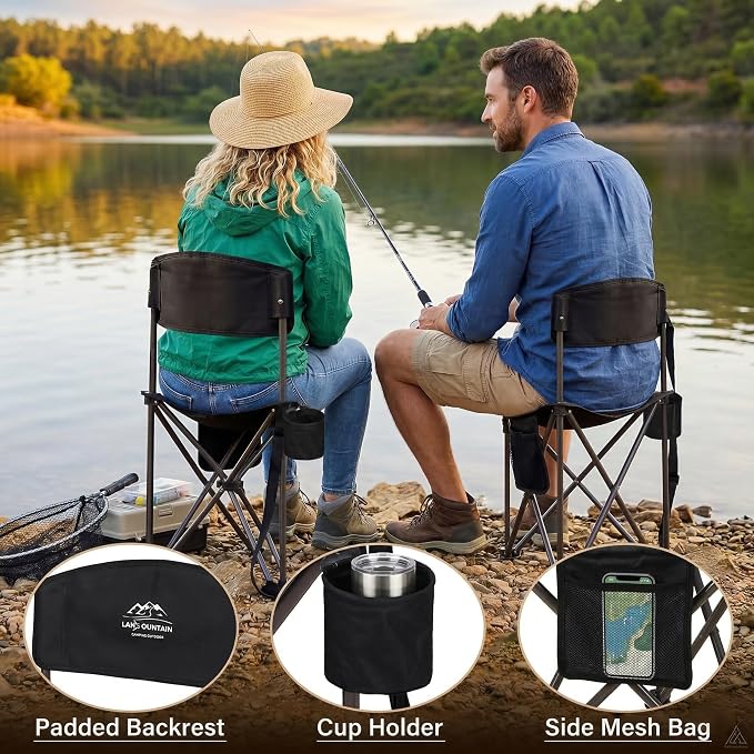 2 Pack Folding Camping Tripod Stool with Backrest & Cup Holder, Lightweight Portable Outdoor Chairs for Adults, Compact 3-Leg Seat for Fishing, Hunting, Hiking & Travel w/Bag - Black