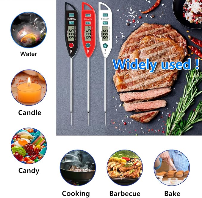 BOMATA 6 Pack Waterproof IPX7 Meat Thermometer, Food Thermometer | Instant Read, Long Probe for Water, Liquid, Kitchen Cooking, Grill,BBQ ! T101 X 6 Pcs (Black & Red & White)…