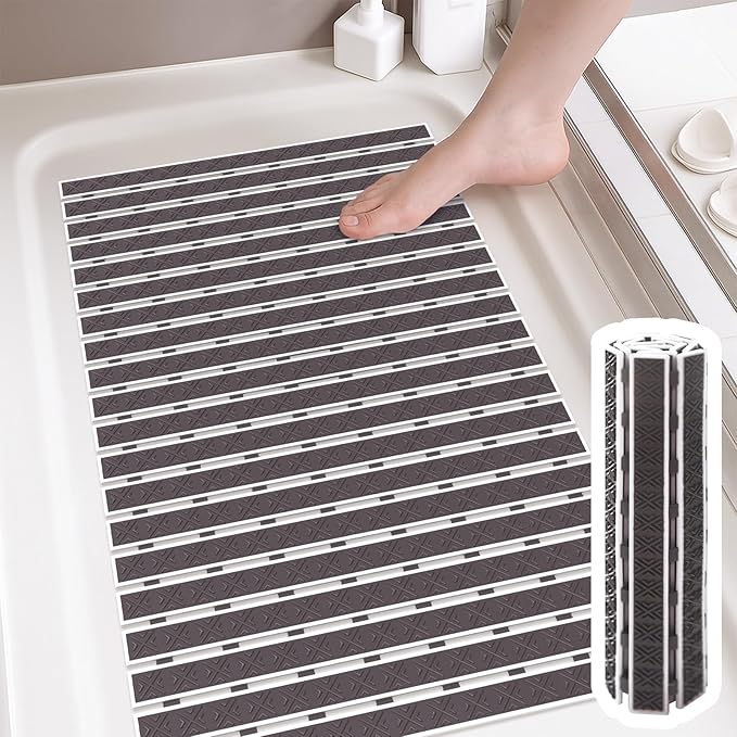 Non Slip Rubber Bathtub & Shower Mat - Fast Drain & Upright Drying Design, Strong Suction Cups, Structured Textured Surface, Low-Maintenance Bathroom Safety Mat, 27 x 16 Inch, Dark Gray, Matace