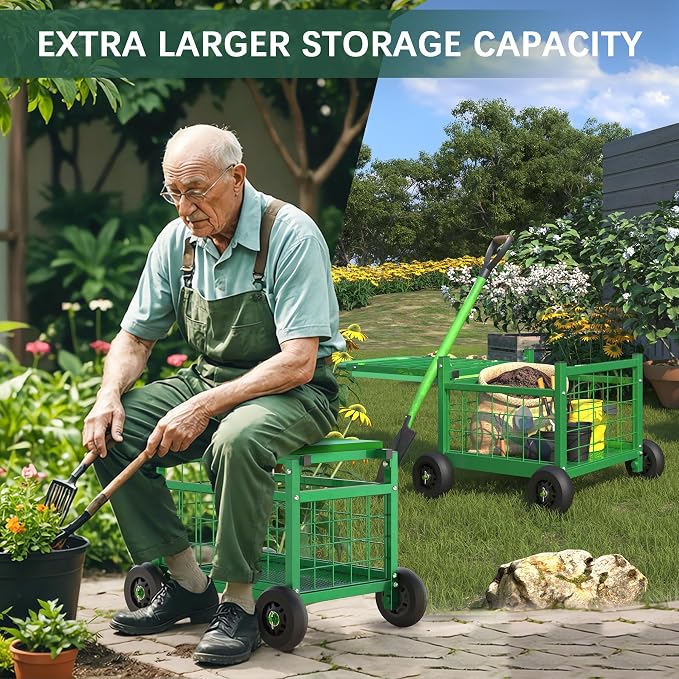 Garden Cart with Seat,3-in-1 Rolling Seat with Wheels for Seniors Gardening | Upgraded Heavy Duty Gardenning Cart with Seat, Supports up to 500 LBS for Seniors, Lawn, Patio & Backyard Gardening, Green