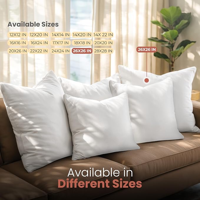 Utopia Bedding 26x26 Pillow Inserts, White Throw Pillows for Couch, 2 Pack | Indoor cushion inserts for bed, sofa & couch, Supportive & fluffy decorative pillows for everyday comfort, Set of 2, White