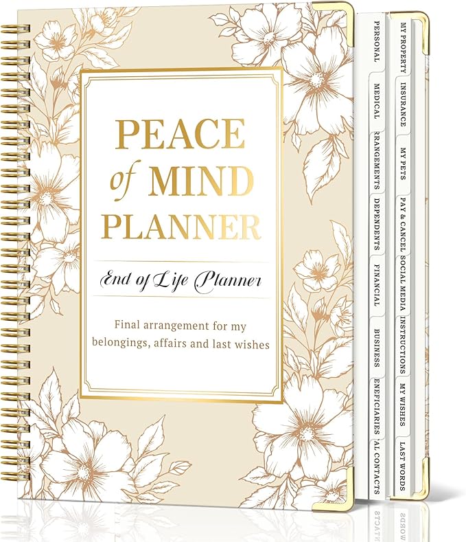 Peace of Mind Planner, Spiral End of Life Planner with Tabs for Senior, Guided Estate Planning Organizer for Final Arrangements & Important Affairs, 7.9"x10.6", Flower