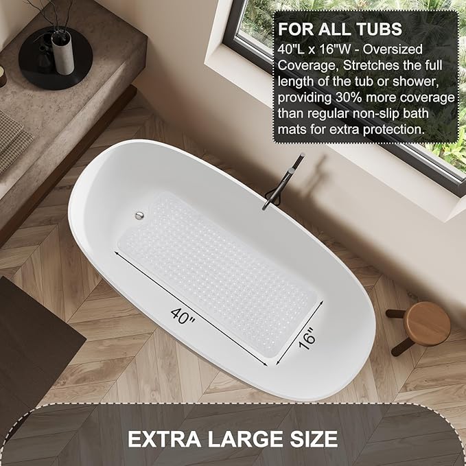 Bath Tub and Shower Mats, Non Slip 40 x 16 Inch Extra Long Bathtub Mat, Machine Washable Bathmat with Drain Holes, Suction Cups for Bathroom Floor, Clear