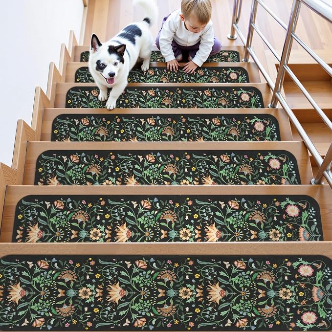 OJIA Floral Stair Treads Non-Slip Stair Runner 15PCS 30"x8" Black | Carpet Stair Treads for Wooden Steps Indoor Stair Mats Staircase Step Treads for Kids, Elders and Dogs, Stair Covers