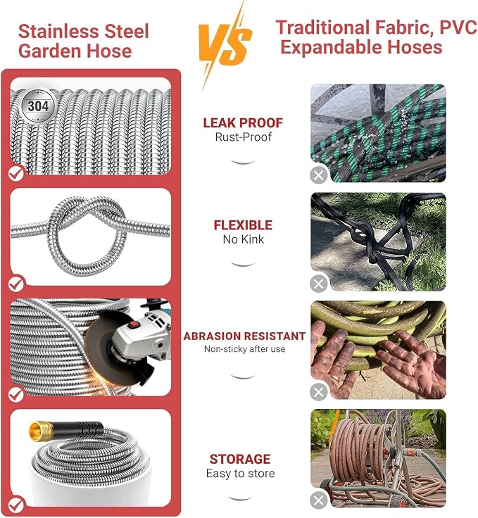 Lefree 50ft Metal Garden Hose - Heavy Duty 304 Stainless Steel Flexible Water Hose, No Kinks & Leak-Proof with Upgraded Handle, 10-Function Spray Nozzle for Balcony, Patio, Small Yard, Car Wash | Heavy Duty Flexible Hose, No Kinks & Leak-Proof with Upg...