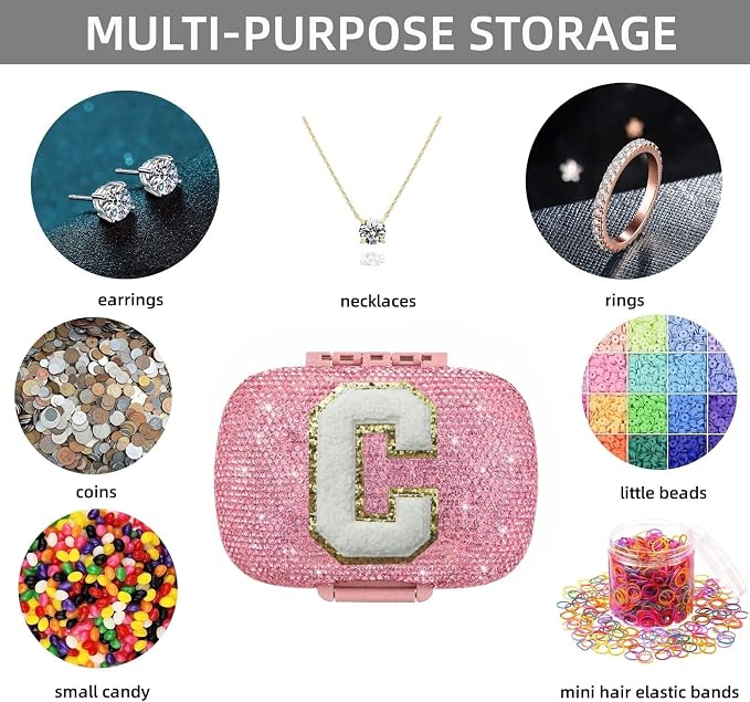 Cute Pill Organizer Small Bling Pill Case for Purse Medicine Vitamin Container Holder Daily Pill Box Container for Women Travel Medicine Kit(Letter C Pink)