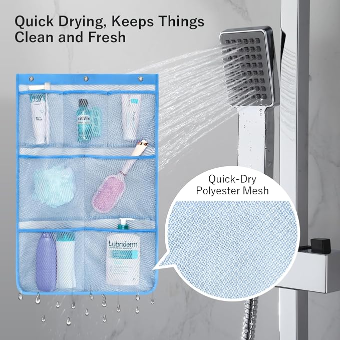 F-color 7-Pocket Mesh Shower Caddy - Hanging Shower Organizer for Cruise | Quick-Dry & See-Through Mesh for Toiletries, Fits Shower Rod Rings or Sticky Hooks for Bathroom & RV, Cruise Essentials 2026