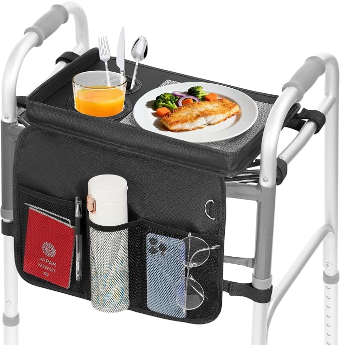 Rhino Valley Walker Tray for Folding Walker,Tray for Walker with Cup Holder | Tray for Walkers with Non-Slip Mat for Food, 3 Front Pockets & 6 Cup Holders, Walker Accessories for Senior, Black