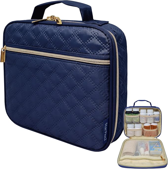 Medium Pill Bottle Organizer, Medicine Bag, Case, Carrier for Medications, Vitamins, and Medical Supplies - Travel Medicine Organizer Home Storage Med Bag - Ultrasonic Navy (Without Lock)